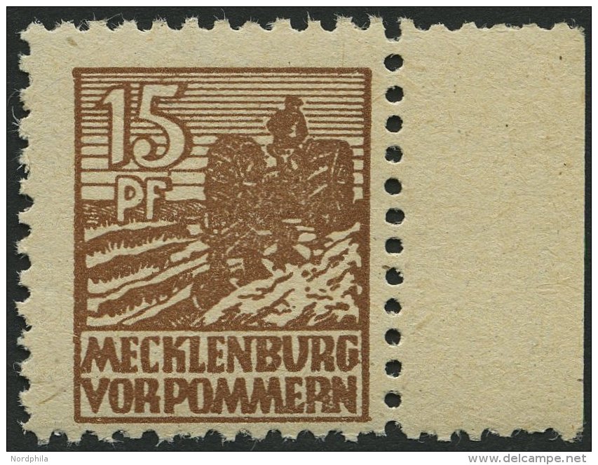 MECKLENBURG-VORPOMMERN 37ye **, 1946, 15 Pf. Orangebraun, Graues Papier, Rechtes Randstück, Pracht, Gepr. Kramp, Mi - Other & Unclassified