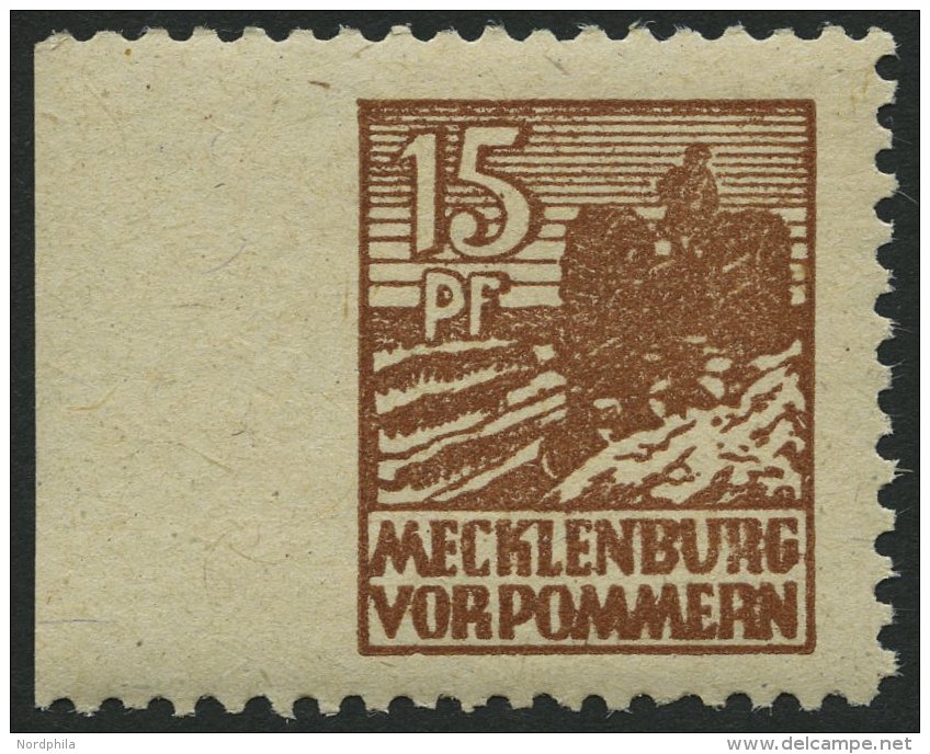 MECKLENBURG-VORPOMMERN 37yaUl **, 1946, 15 Pf. Gelbbraun, Graues Papier, Links Ungezähnt, Pracht, Mi. 160.- - Other & Unclassified