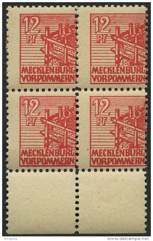 MECKLENBURG-VORPOMMERN 36zz VB **, 1946, 12 Pf. Rot, Dünnes Papier, Diagonal Genetzte Gummierung, Im Viererblock Vo - Other & Unclassified