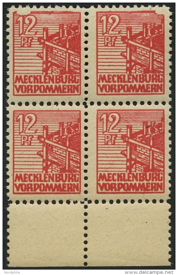 MECKLENBURG-VORPOMMERN 36zz VB **, 1946, 12 Pf. Rot, Dünnes Papier, Diagonal Genetzte Gummierung, Im Viererblock Vo - Other & Unclassified