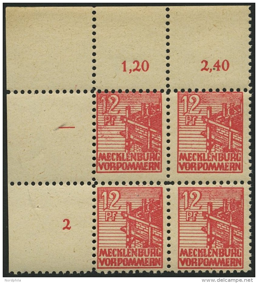 MECKLENBURG-VORPOMMERN 36zb VB **, 1946, 12 Pf. Rot, Dünnes Papier, Im Oberen Linken Eckrandviererblock, Dabei Plat - Other & Unclassified