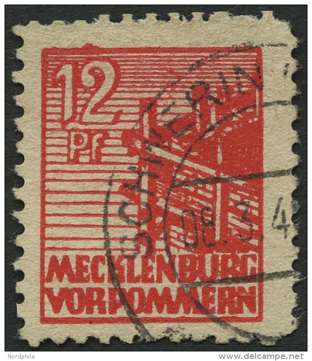 MECKLENBURG-VORPOMMERN 36yf O, 1946, 12 Pf. Dunkelrosa, Graues Papier, Normale Zähnung, Pracht, Gepr. Kramp, Mi. 26 - Other & Unclassified