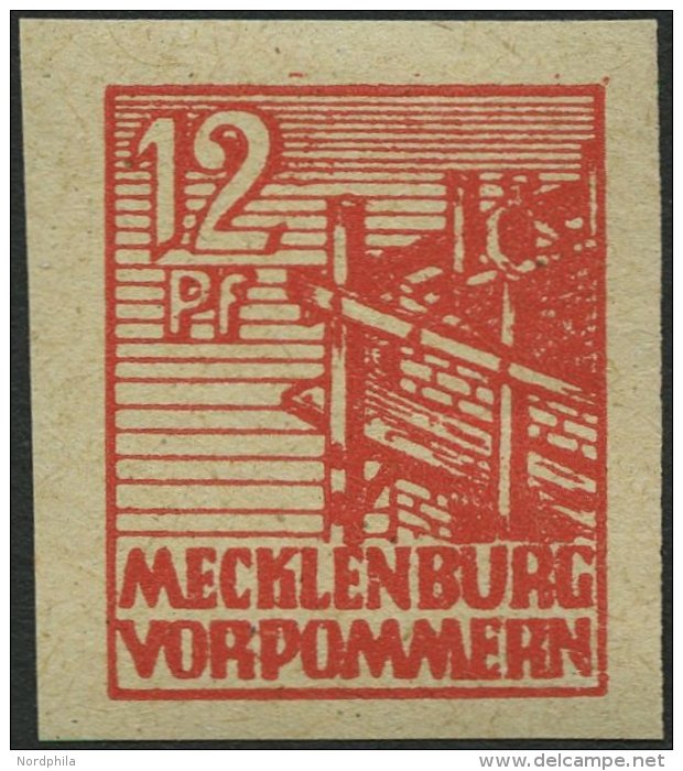 MECKLENBURG-VORPOMMERN 36yeU **, 1946, 12 Pf. Orangerot, Graues Papier, Ungezähnt, Pracht, Gepr. Kramp, Mi. 120.- - Other & Unclassified