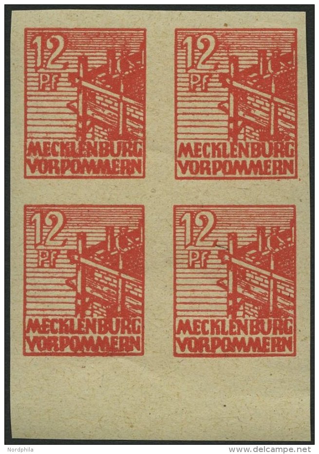 MECKLENBURG-VORPOMMERN 36yeU VB **, 1946, 12 Pf. Orangerot, Graues Papier, Ungezähnt, Im Viererblock Vom Unterrand, - Other & Unclassified