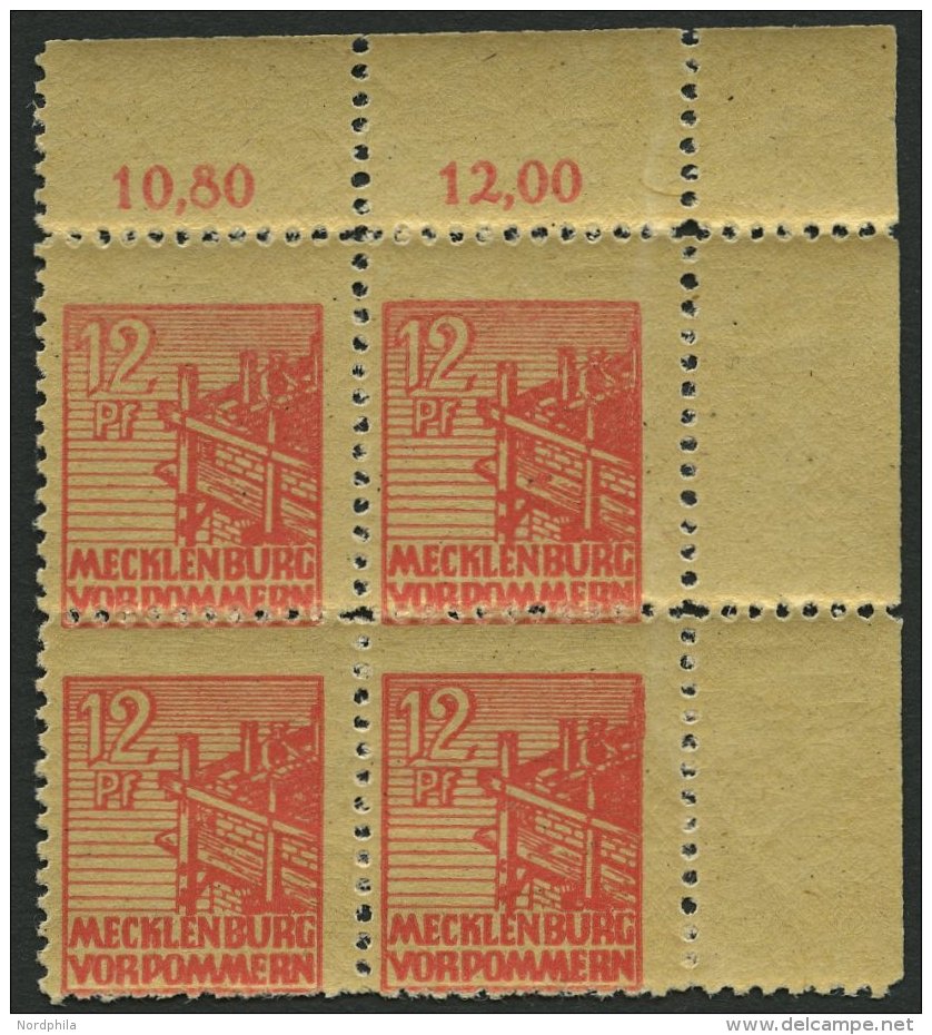 MECKLENBURG-VORPOMMERN 36yeG **, 1946, 12 Pf. Orangerot, Graues Papier, Druck Auf Der Gummiseite, Im Eckrandviererblock, - Other & Unclassified