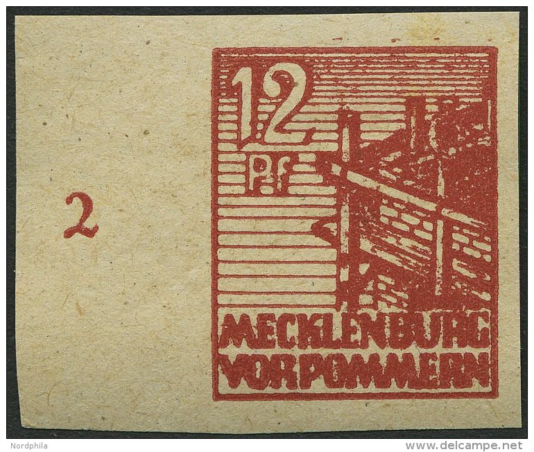 MECKLENBURG-VORPOMMERN 36ydU **, 1946, 12 Pf. Braunrot, Graues Papier, Ungezähnt, Linkes Randstück, Pracht, Ge - Other & Unclassified