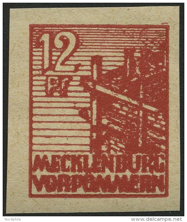 MECKLENBURG-VORPOMMERN 36ydU **, 1946, 12 Pf. Braunrot, Graues Papier, Ungezähnt, Pracht, Fotobefund Kramp, Mi. 500 - Other & Unclassified