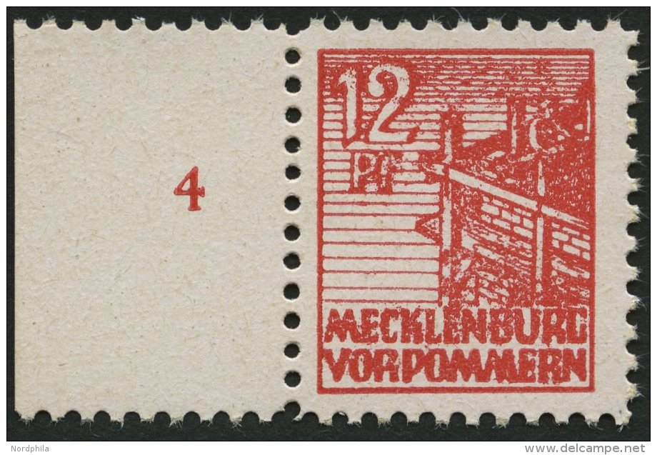 MECKLENBURG-VORPOMMERN 36xcc **, 1946, 12 Pf. Schwärzlichgraurot, Kreidepapier, Linkes Randstück, Pracht, Gepr - Other & Unclassified