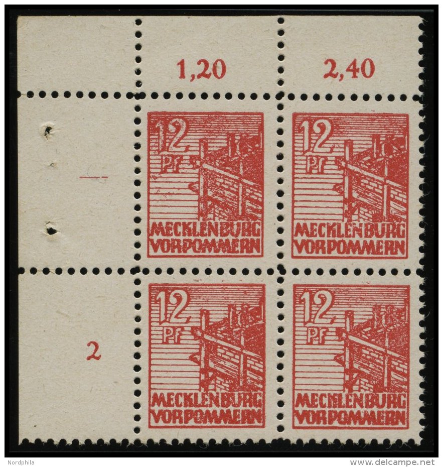 MECKLENBURG-VORPOMMERN 36xcc VB **, 1946, 12 Pf. Schwärzlichgraurot, Kreidepapier, Linker Oberer Eckrandviererblock - Other & Unclassified