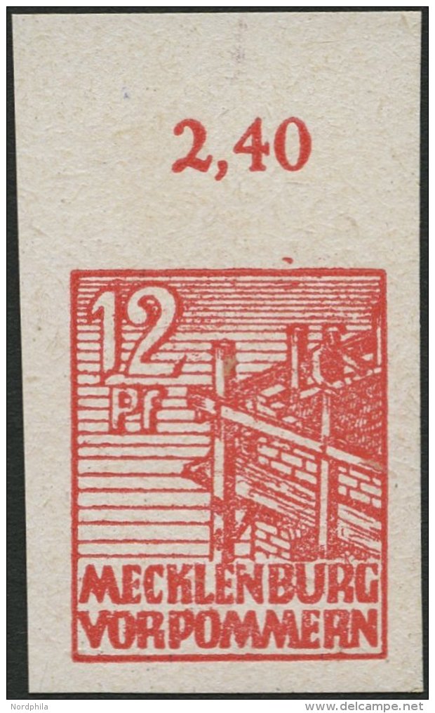 MECKLENBURG-VORPOMMERN 36xaU **, 1946, 12 Pf. Dunkelgraurot, Kreidepapier, Ungezähnt, Pracht, Mi. 60.- - Other & Unclassified