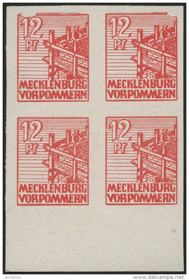 MECKLENBURG-VORPOMMERN 36xaU VB **, 1946, 12 Pf. Dunkelgraurot, Kreidepapier, Ungezähnt, Im Viererblock Vom Unterra - Other & Unclassified