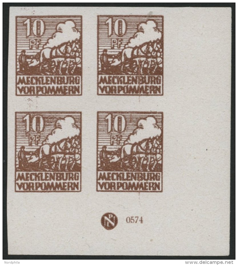 MECKLENBURG-VORPOMMERN 35xaDZ **, 1946, 10 Pf. Lebhaftsiena, Kreidepapier, Im Eckrandviererblock Mit Druckereizeichen, P - Other & Unclassified