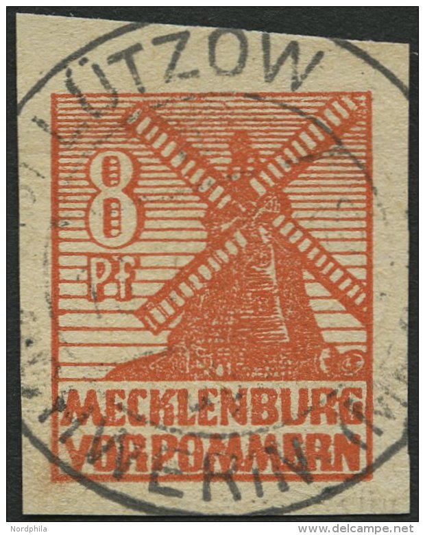 MECKLENBURG-VORPOMMERN 34yc O, 1946, 8 Pf. Schwärzlichorange, Graues Papier, Mit Ungeklärtem Stempel LÜTZ - Other & Unclassified