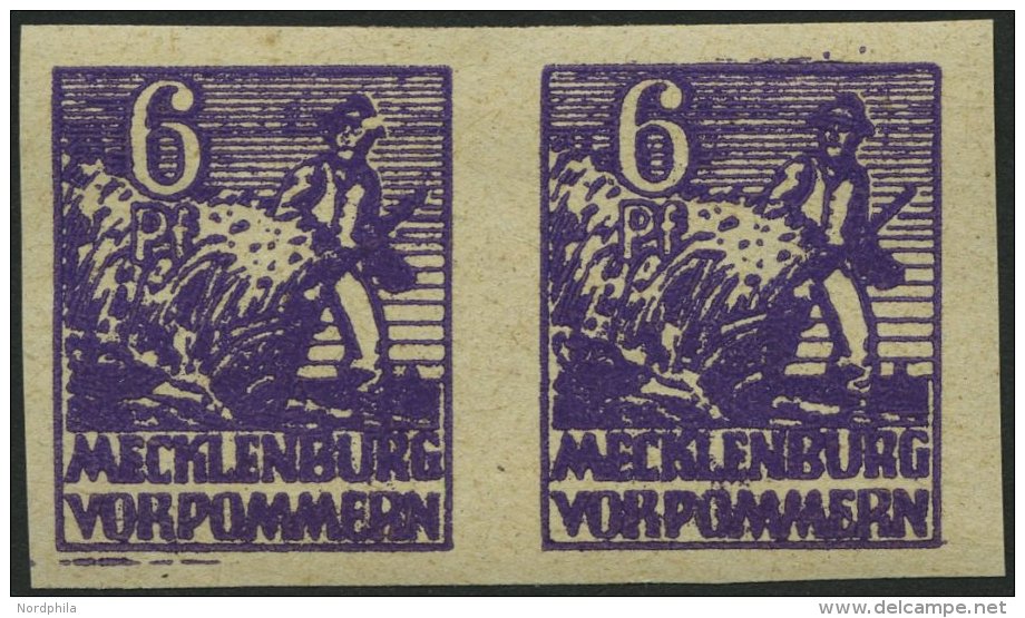 MECKLENBURG-VORPOMMERN 33ydU Paar **, 1946, 6 Pf. Dunkelrotviolett, Graues Papier, Ungezähnt, Im Waagerechten Paaar - Other & Unclassified