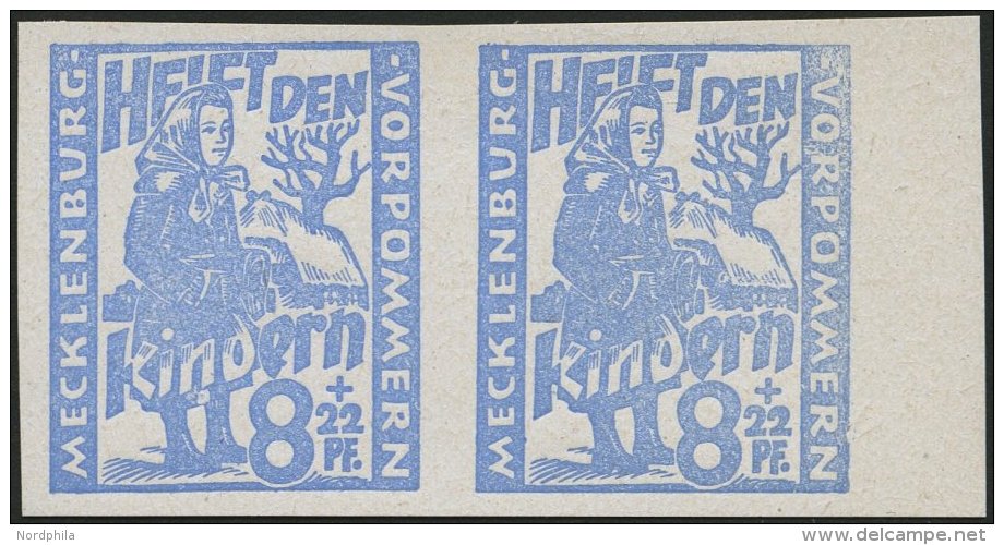 MECKLENBURG-VORPOMMERN 27aXVIIU **, 1945, 8 Pf. Hellultramarin Kinderhilfe Mit Plattenfehler Rechteckiger Weißer F - Other & Unclassified