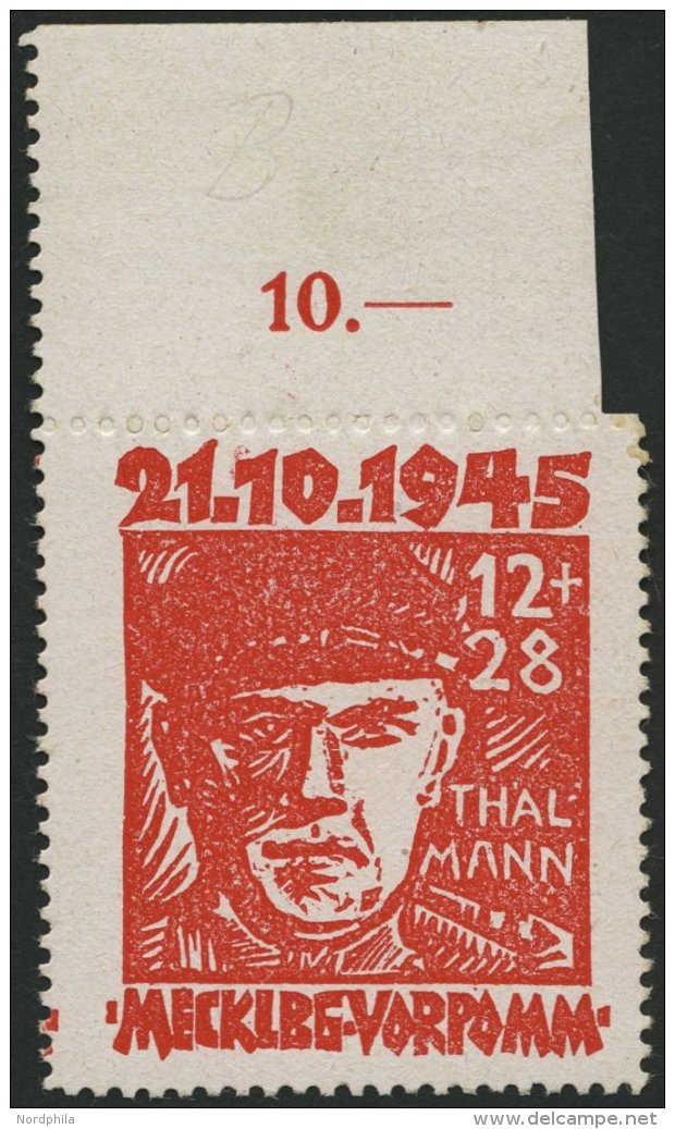 MECKLENBURG-VORPOMMERN 22b **, 1945, 12 Pf. Orangerot Faschismus, Oberrandstück, Zähnung Oben Nur Angedeutet, - Other & Unclassified