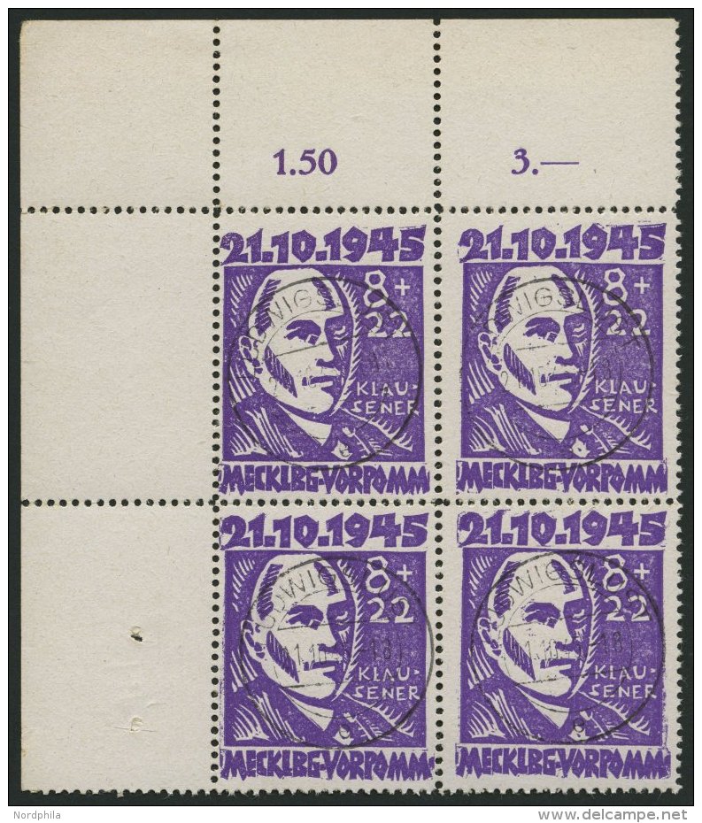 MECKLENBURG-VORPOMMERN 21 VB O, 1945, 8 Pf. Faschismus Im Oberen Linken Eckrandviererblock, Pracht, Gepr. Kramp, Mi. (32 - Other & Unclassified