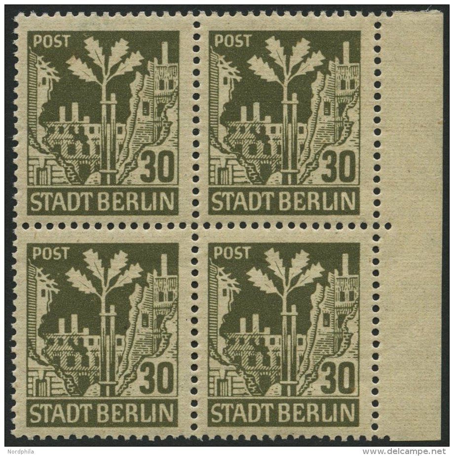 BERLIN UND BRANDENBURG 7Abwaz VB **, 1945, 30 Pf. Schwärzlichbraunoliv Im Randviererblock, Pracht, Gepr. Zierer, Mi - Autres & Non Classés