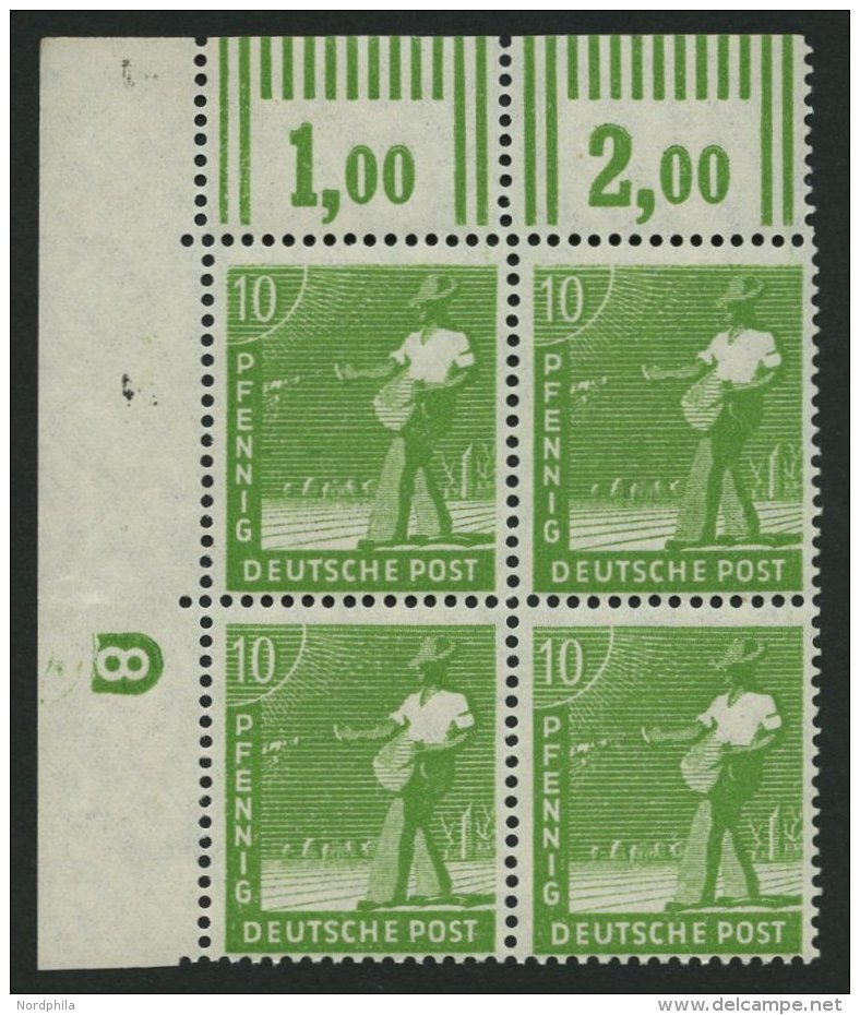ALLIIERTE BES. 946DZ **, 1947, 10 Pf. Grün Mit Druckereizeichen 8 (negativ) Im Oberen Linken Eckrandviererblock, Pr - Autres & Non Classés