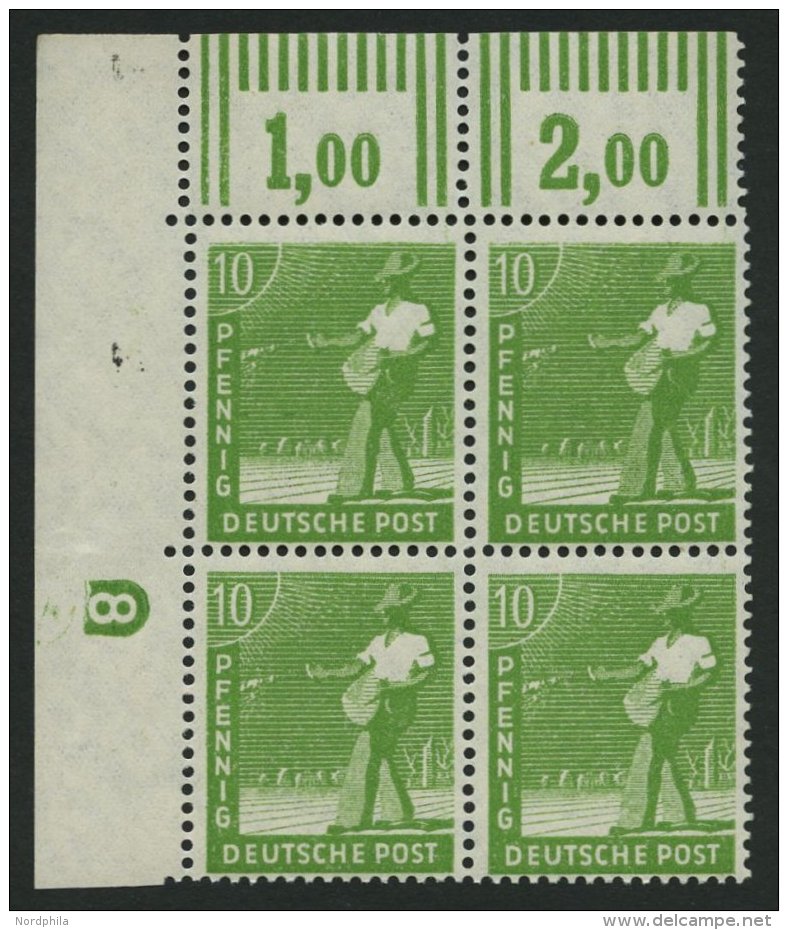 ALLIIERTE BES. 946DZ **, 1947, 10 Pf. Grün Mit Druckereizeichen 8 (negativ) Im Oberen Linken Eckrandviererblock, Pr - Other & Unclassified