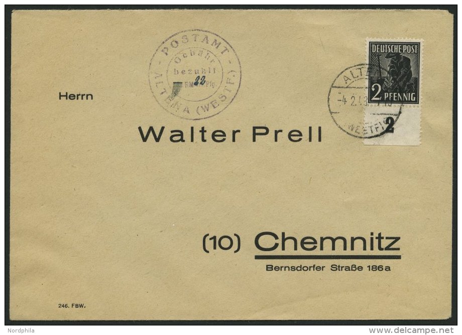 ALLIIERTE BES. 943 BRIEF, 4.2.1948, 2 Pf. Schwarz Und 22 Pf. Gebühr Bezahlt-Stempel Vom Postamt ALTENA, Prachtbrief - Autres & Non Classés