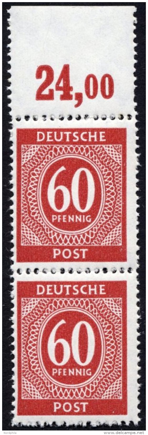 ALLIIERTE BES. 933dPOR **, 1946, 60 Pf. Schwärzlichrosa, Oberrandstück, Plattendruck, Durchgezähnt, Prach - Other & Unclassified