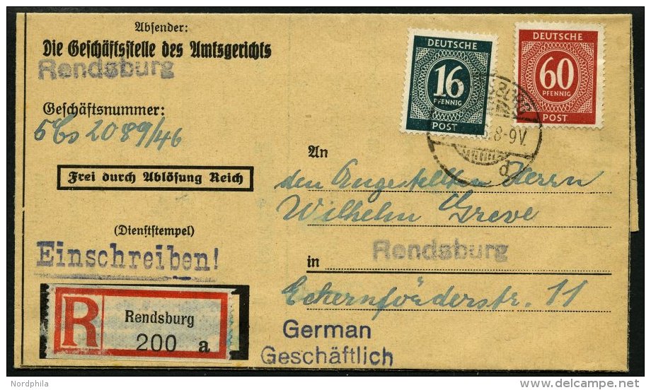 ALLIIERTE BES. 923,933 BRIEF, 1946, 16 Pf. Schwärzlichopalgrün Und 60 Pf. Rot Auf Einschreib-Ladung Des Amtsge - Other & Unclassified