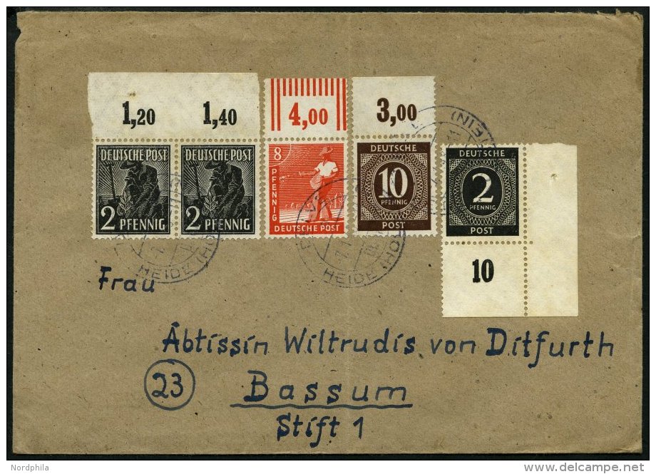 ALLIIERTE BES. 918Pdgz BRIEF, 1946, 10 Pf. Dunkelorangebraun, Plattendruck, Oberrand Durchgezähnt, Mit Zusatzfranka - Autres & Non Classés