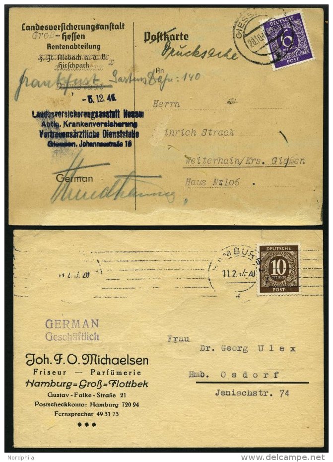 ALLIIERTE BES. 916,918 BRIEF, 1946, 6 Pf. Einzelfrankatur Auf Ortskarte Und 10 Pf. Einzelfrankatur Auf Fernkarte, 2 Kart - Autres & Non Classés