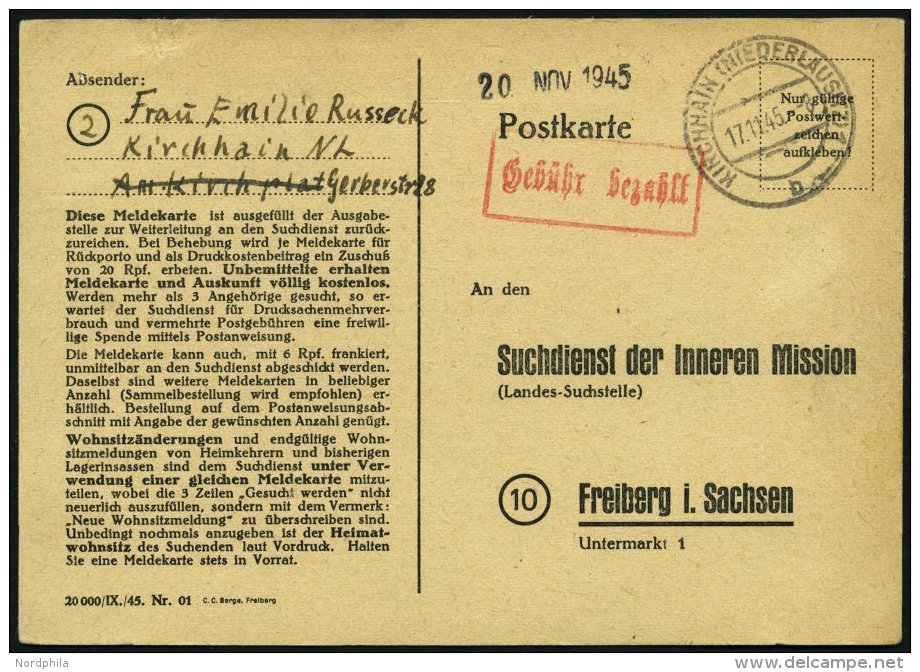 ALL. BES. GEBÜHR BEZAHLT KIRCHHAIN (NIEDERLAUSITZ), 17.11.45, Roter R1 Gebühr Bezahlt, Suchdienstkarte, Feinst - Other & Unclassified