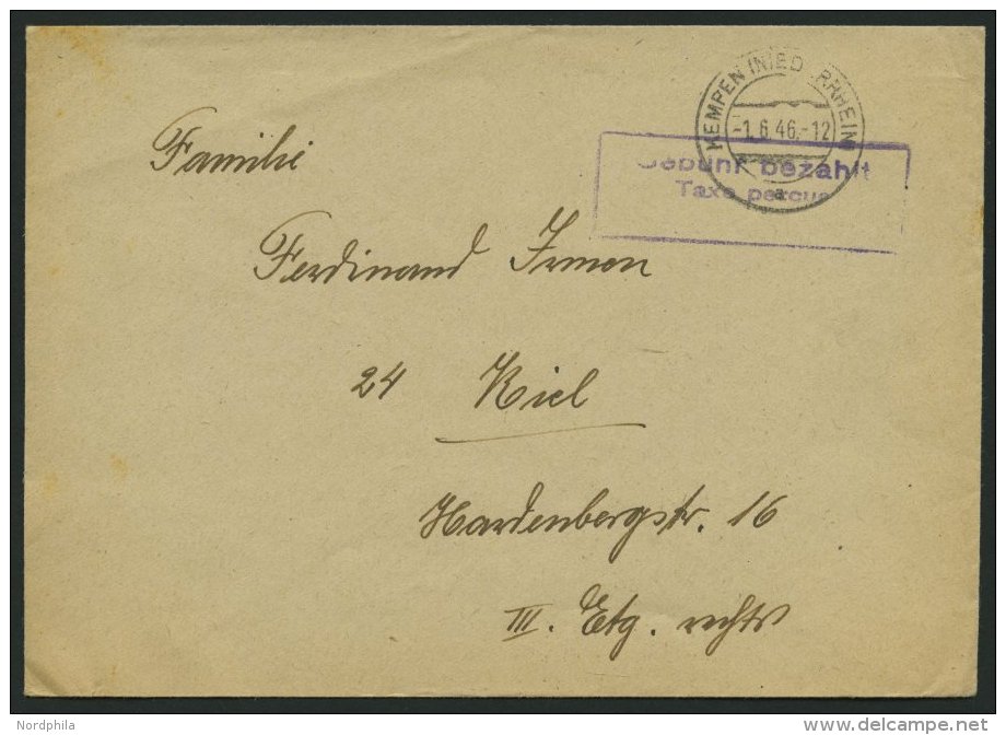 ALL. BES. GEBÜHR BEZAHLT KEMPEN (NIEDERRHEIN), 1.6.46, Violetter R2 Gebühr Bezahlt/Taxe Percue, Brief Feinst - Other & Unclassified