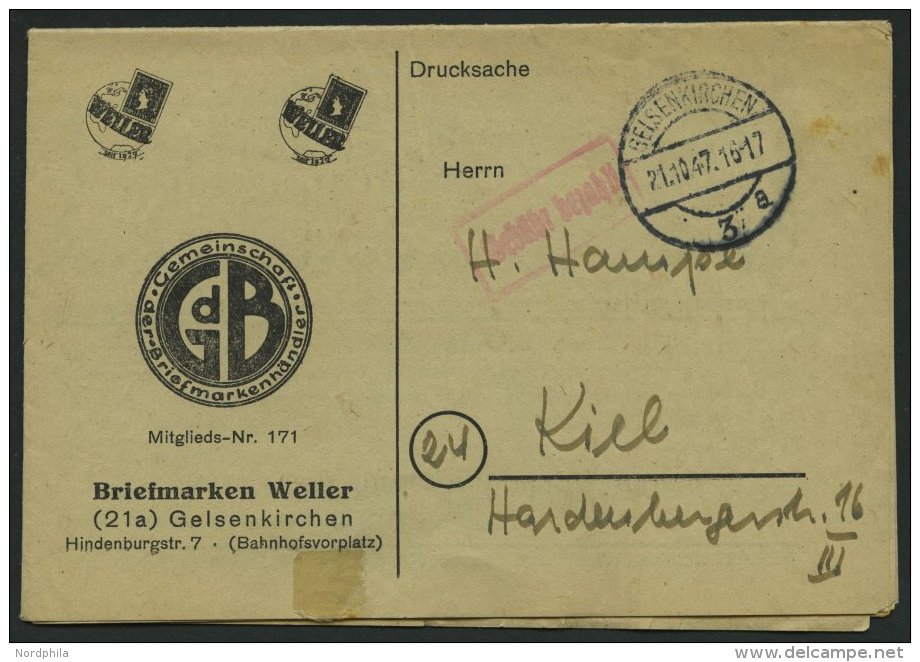 ALL. BES. GEBÜHR BEZAHLT GELSENKiRCHEN, 21.10.47, Roter R1 Gebühr Bezahlt, Auf Mehrseitiger Drucksachen-Werbeb - Other & Unclassified