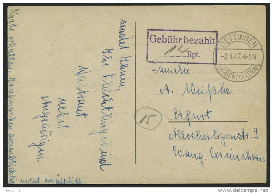 ALL. BES. GEBÜHR BEZAHLT DETTINGEN (HOHENZOLLERN), 3.4.47, Violetter R2 Gebühr Bezahlt/ Rpf, Handschriftlich 1 - Other & Unclassified