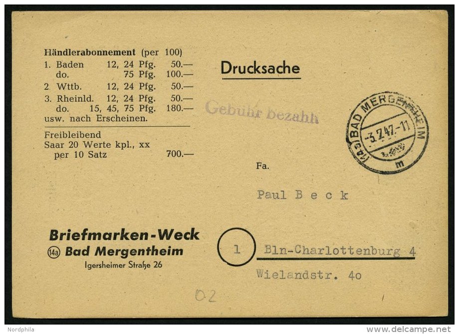 ALL. BES. GEBÜHR BEZAHLT BAD MERGENTHEIM, 3.7.47, Violetter L1 Gebühr Bezahlt, Drucksachenkarte, Pracht - Other & Unclassified