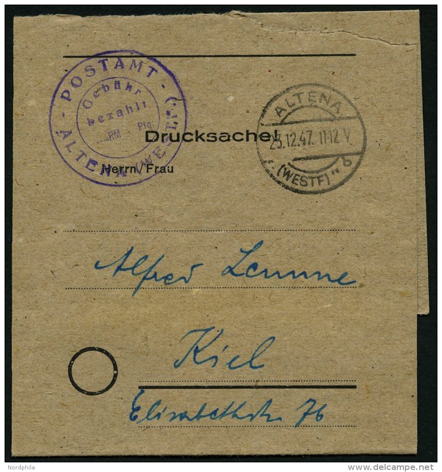 ALL. BES. GEBÜHR BEZAHLT ALTENA (WESTF), 23.12.47, Violetter K2 POSTAMT ALTENA Gebühr Bezahlt...RM...Pf. Auf D - Other & Unclassified