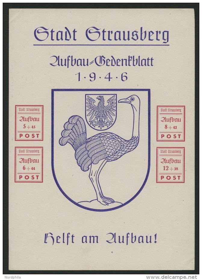 STRAUSBERG Bl. 3 (*), 1946, Gedenkblatt Aufbau, Ohne Gummi, Pracht, Mi. 65.- - Andere & Zonder Classificatie