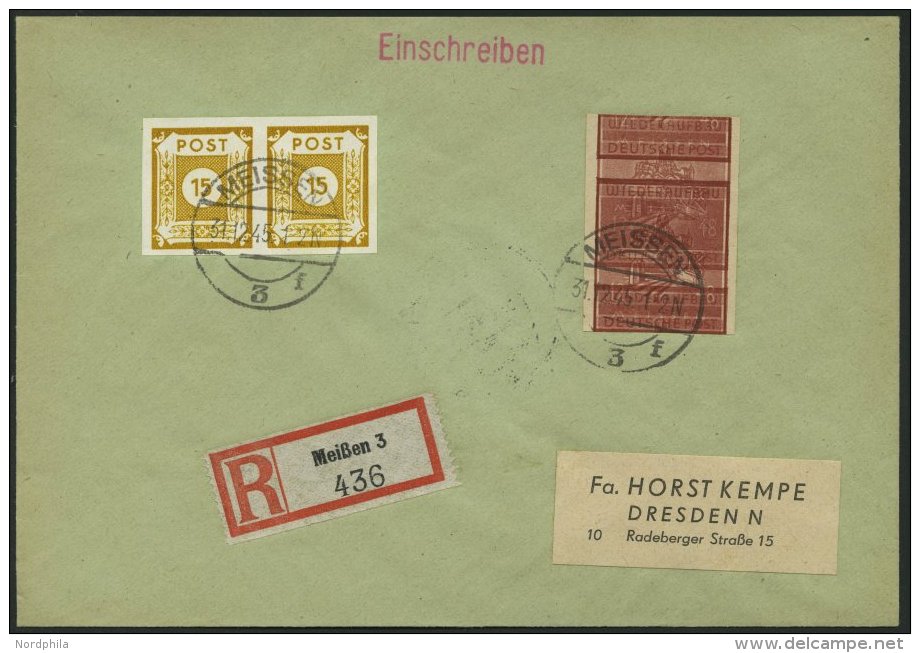 MEISSEN 38aBDD BRIEF, 1945, 12 Pf. Braunrot Wiederaufbau, Ungezähnt, Doppeldruck, Mit Zusatzfrankatur Auf Kempe-Ein - Private & Local Mails