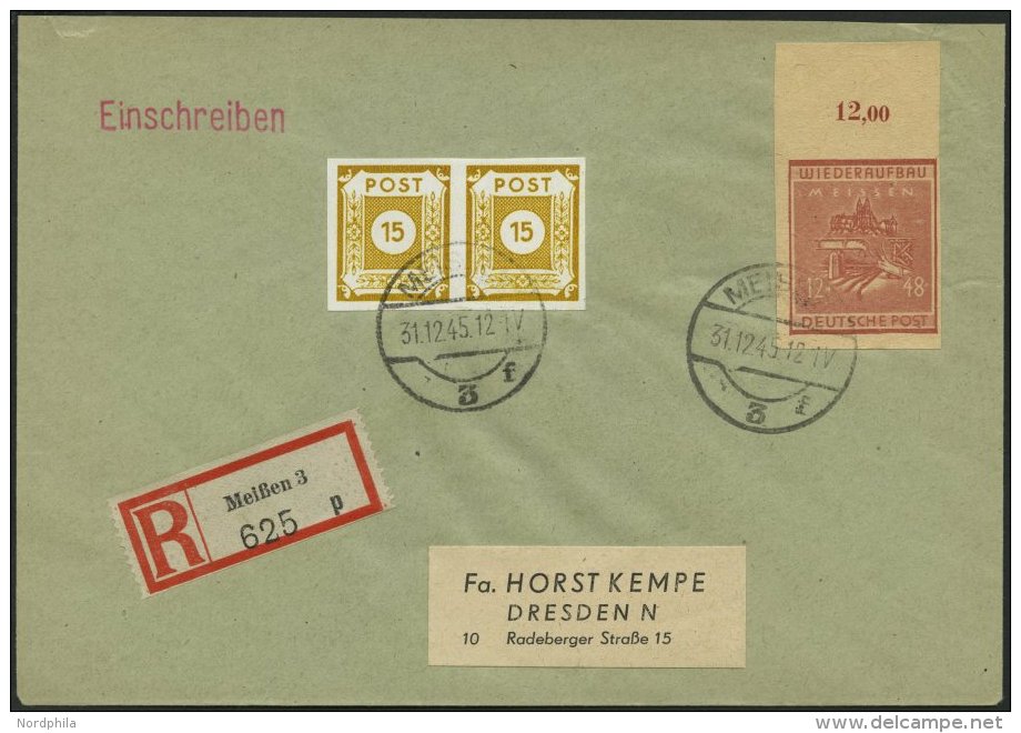 MEISSEN 38aB BRIEF, 1945, 12 Pf. Braunrot Wiederaufbau, Ungezähnt, Oberrandstück, Mit Zusatzfrankatur Auf Kemp - Private & Lokale Post