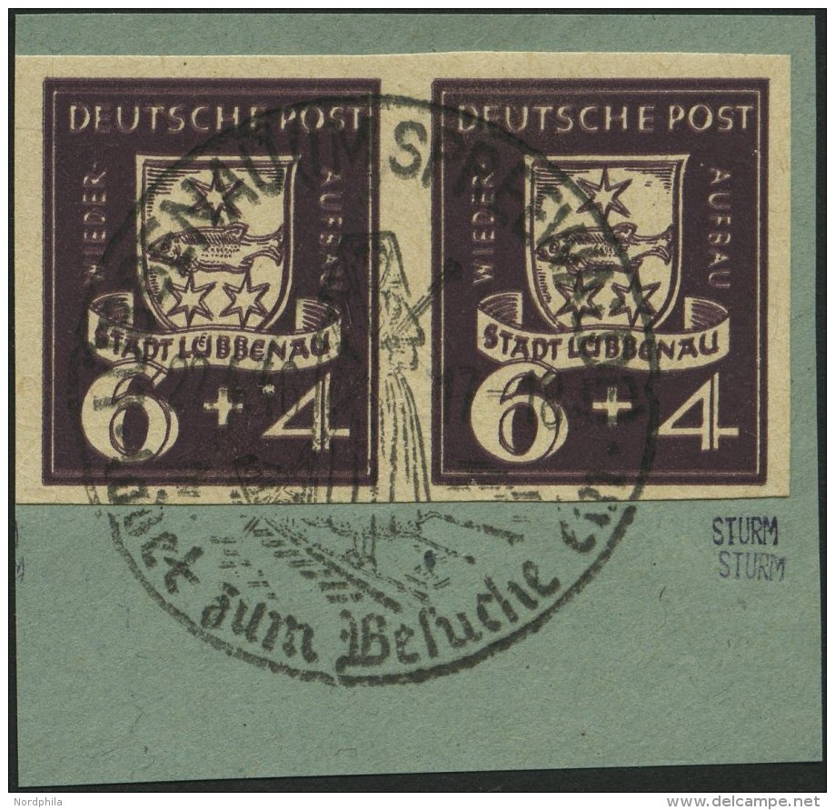 LÜBBENAU 2BDD Paar BrfStk, 1946, 6 Pf. Wiederaufbau, Ungezähnt, Doppeldruck, Im Waagerechten Paar Mit Sonderst - Private & Local Mails