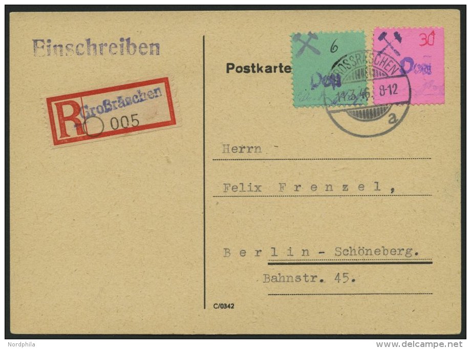 GROSSRÄSCHEN 30F BRIEF, 1946, 30 Pf. Auf Rosa Mit Abart Handstempel Post Blau Und Mi.Nr. 4 Auf Einschreibkarte (ohn - Private & Local Mails