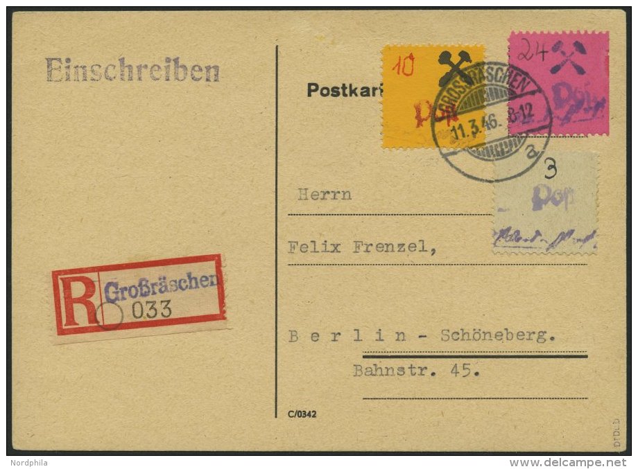 GROSSRÄSCHEN 28II BRIEF, 1946, 10 Pf. Auf Orange, Mit Hämmer Rechts, Mit 28 Pf. Zusatzfrankatur Auf Einschreib - Private & Local Mails