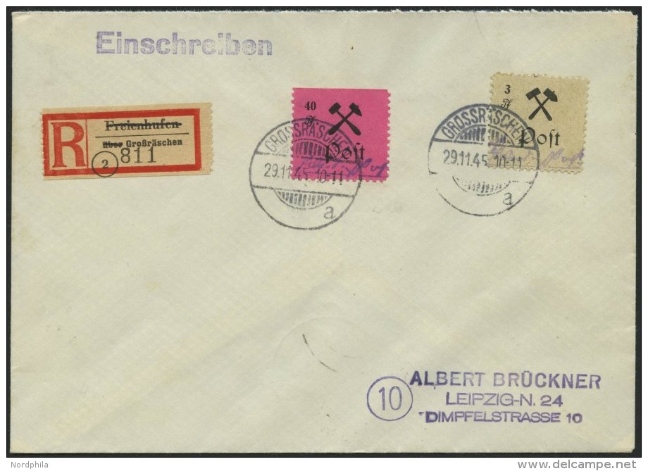 GROSSRÄSCHEN 27bIII BRIEF, 1945, 40 Pf. Schwarz Auf Rosalila, Type III, Mit Mi.Nr. 13AI Auf Einschreibbrief, Pracht - Private & Local Mails