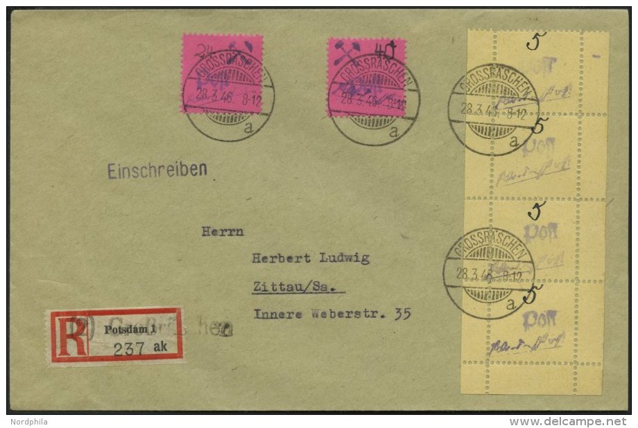 GROSSRÄSCHEN 3S BRIEF, 1946, 5 Pf. Gebührenmarke Aus Streifen Im Senkrechten Viererstreifen Mit Mi.Nr. 9 Und 1 - Private & Local Mails