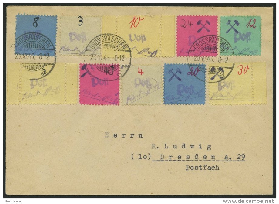 GROSSRÄSCHEN 3S,6S,10S BRIEF, 1946, 5, 10 Und 30 Pf. Gebührenmarken Aus Streifen Mit Zusatzfrankatur Auf Umsch - Private & Local Mails
