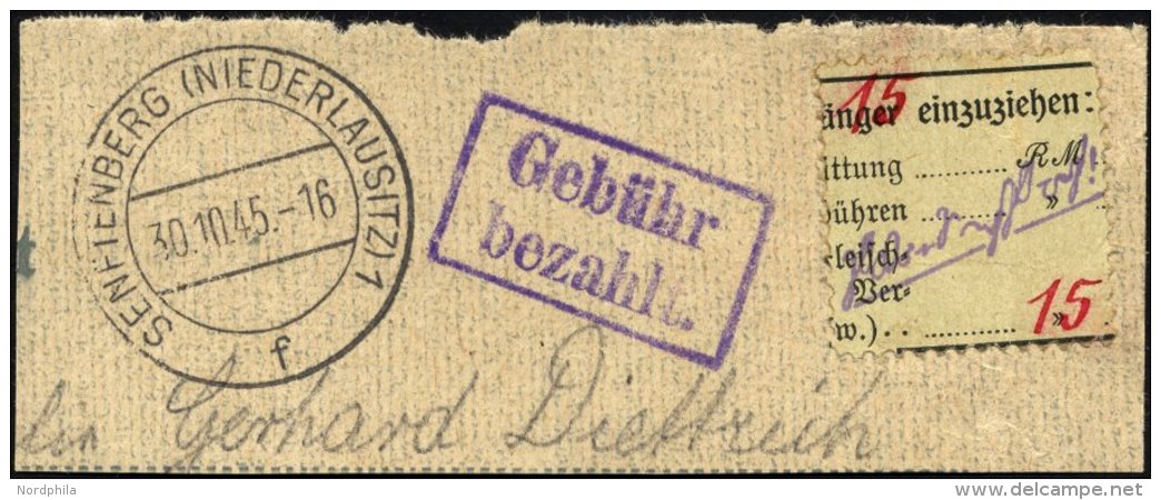 GROSSRÄSCHEN-VORLÄUFER V 11b BrfStk, 1945, 15 Pf. Zollformular, Zwei Wertangaben, Formblatt Vom Empfänger - Private & Lokale Post