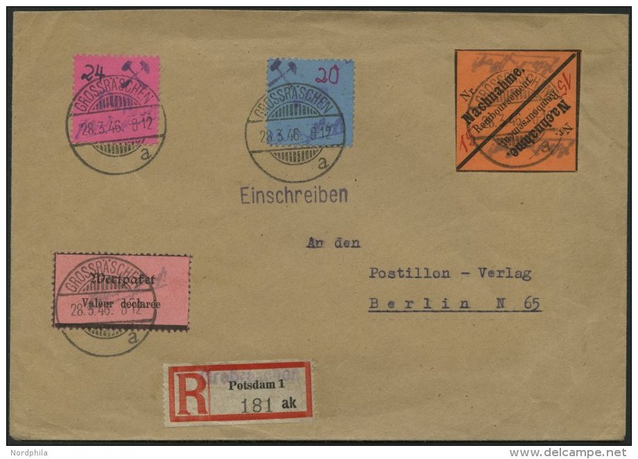 GROSSRÄSCHEN-VORLÄUFER V 1F,V 2IV Paar BRIEF, 1946, 10 Pf. Wertpaket Mit Abart Wertangabe Fehlend Und 15 Pf. S - Private & Lokale Post