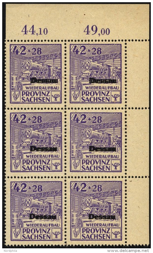 DESSAU IIIADD **, 1946, 42 Pf. Wiederaufbau Mit Doppeltem Aufdruck Im Sechserblock Aus Der Oberen Rechten Bogenecke, Pra - Private & Local Mails