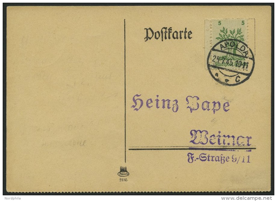 APOLDA 1II BRIEF, 1945, 5 Pf. Grün, Bögen Nach Unten, Auf Philatelistischer Karte, Pracht - Private & Lokale Post