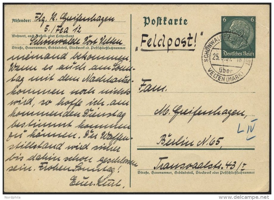 FELDPOST II. WK BELEGE P 226 BRIEF, 1937, 6 Pf. Graugrün Ganzsachen-Manöverkarte Mit Absender Flieger 5/Fea 12 - Occupation 1938-45