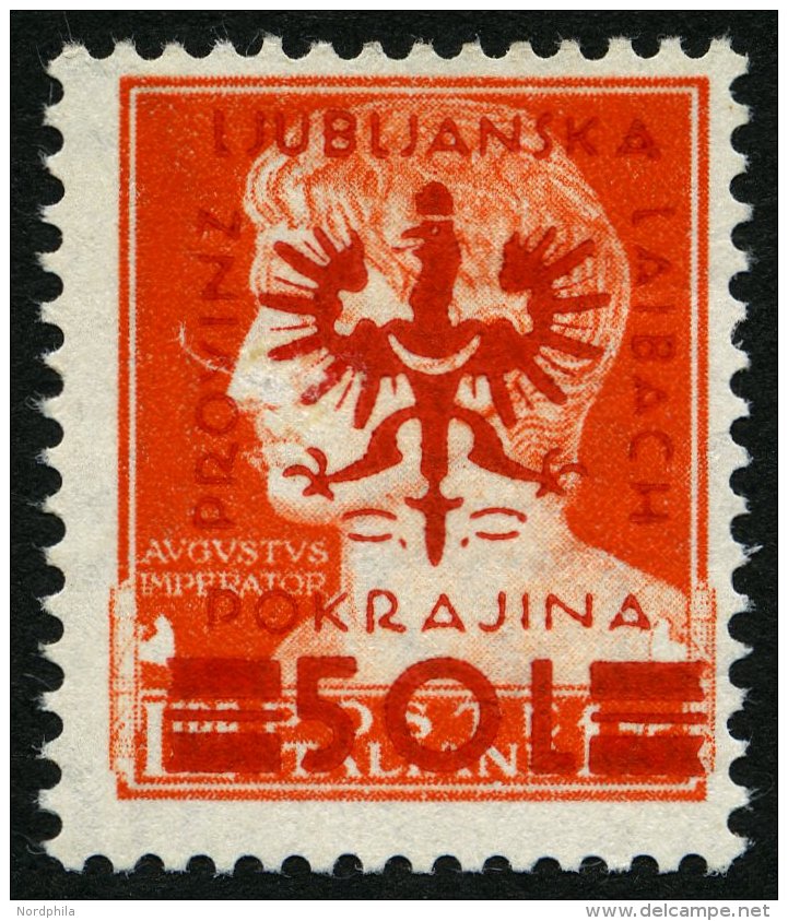LAIBACH 19a **, 1944, 50 L. Auf 1.75 L. Gelblichrot, Mit Bogenrand-Wasserzeichen (300% Aufschlag), Pracht - Occupation 1938-45